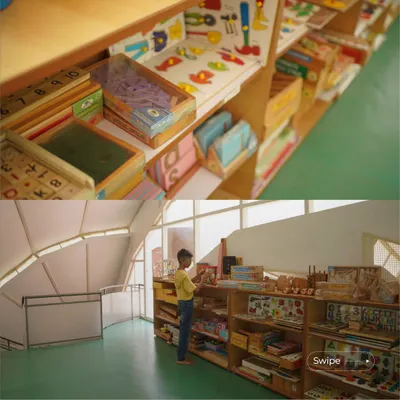 The learning spaces at Aurinko Academy are filled with educational materials on open shelves. The design, with its ample natural light and open layout, creates a welcoming and stimulating environment for students.