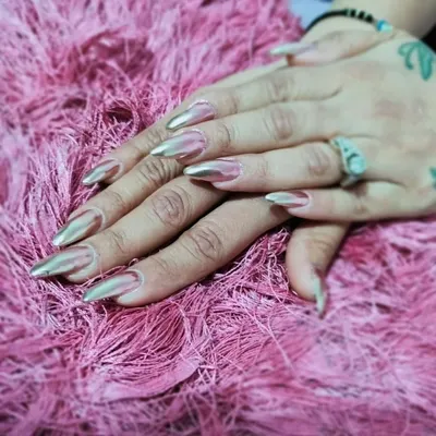 A full set of long, pointed stiletto nails with a stunning, high-shine metallic silver chrome finish for a futuristic and edgy look.