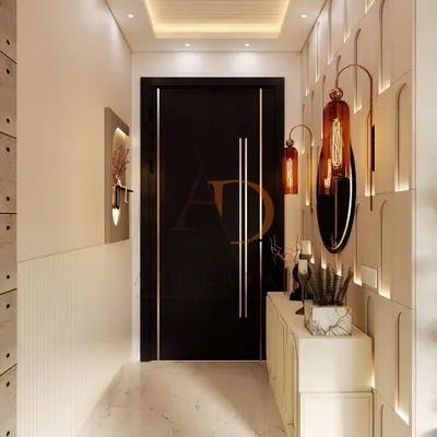 This entryway features custom wall paneling with arch grooves and warm LED backlighting, creating an elegant and welcoming first impression.