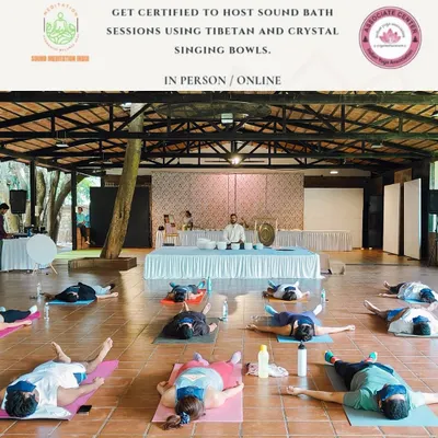 This image announces one of my Sound Meditation Certification Courses. It shows a training session in progress, where future facilitators learn to host their own sound baths using Tibetan and crystal singing bowls.