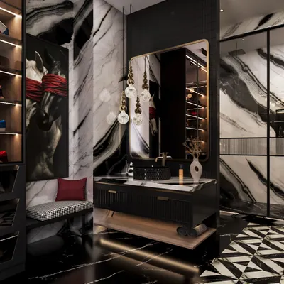 This bathroom and walk-in wardrobe exudes a bold, unapologetic energy. I used striking black and white marble across the walls and floors to create a moody sanctuary with rhythm and movement. The design is sharp, powerful, and feels rich and indulgent.
