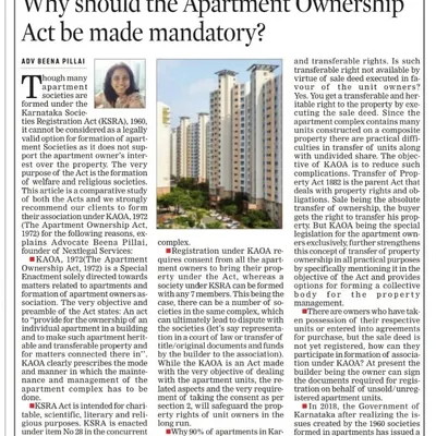 In this article for the Indian Express, we make the case for why the Karnataka Apartment Ownership Act (KAOA), 1972, should be the mandatory legal framework for all apartment complexes. We explain how this specific Act is designed to secure ownership through a proper sale deed and grant clear, transferable property rights, which is a cornerstone of our legal practice for protecting homeowners.