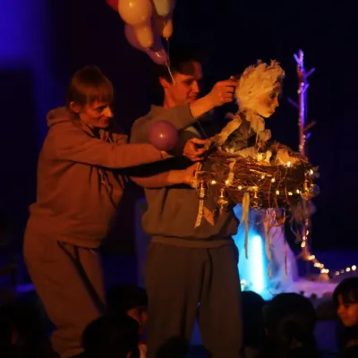 A magical moment from 'Sea of Possibilities', a show from Poland inspired by the book 'Maybe'. This uplifting performance uses puppets, objects, music, and live film projections to explore themes of imagination and creativity.