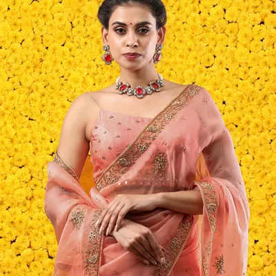 Feminine and flamboyant, our peach organza saree is a breathtaking masterpiece. The delicate embroidery and sheer fabric create a look of ethereal beauty.