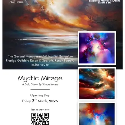 Our 'Mystic Mirage' solo show by Simon Kenny, hosted at the JW Marriott Bengaluru Prestige Golfshire Resort & Spa. This poster collage shows the cosmic, abstract nature of his work that we brought to this luxury venue.
