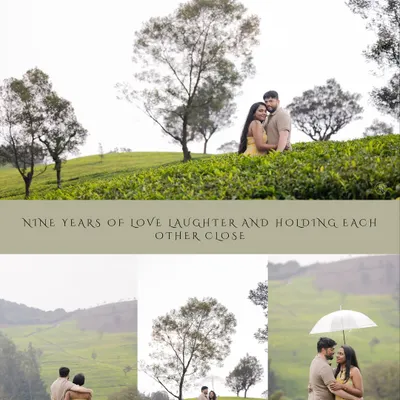 A collage telling the story of nine years of love amidst the misty hills and lush green tea plantations. These destination shoots are perfect for celebrating relationship milestones.