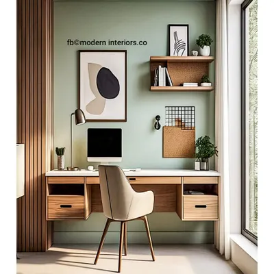 This is a perfect example of a calm and inspiring workspace. The floating desk with two drawers provides a clean surface, while the sage green accent wall and wood slats add texture and color. The open shelving is great for keeping books and plants.