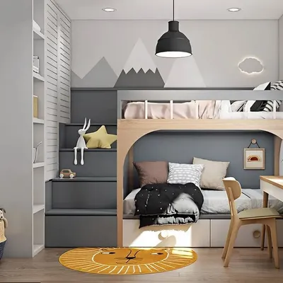 This modern bunk bed design features a built-in staircase with storage, a lower bunk with under-bed drawers, and an integrated desk, making it a complete solution for a child's room.