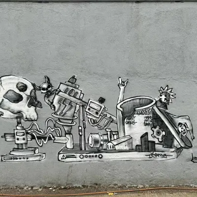 A full shot of a piece from a Sunday painting session, showcasing my mechanical and goth style. It features a cow skull, intricate machinery, and characters from pop culture, all rendered in a monochrome, dirty style.
