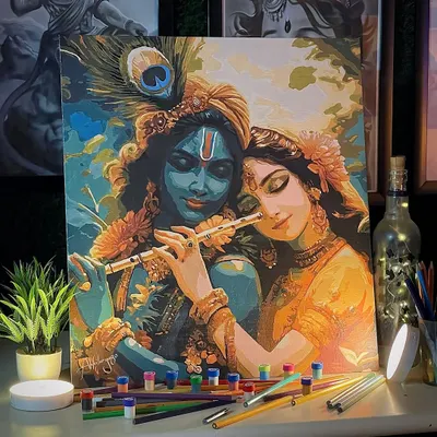 A beautiful acrylic on canvas painting of Radha and Krishna sharing a divine moment with his flute. The vibrant colors and serene expressions bring a feeling of peace and love.