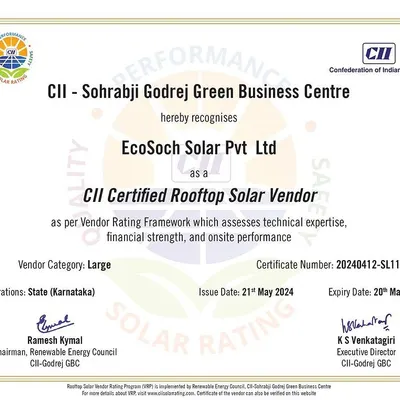 We are officially recognized by the Confederation of Indian Industry (CII) as a Certified Rooftop Solar Vendor. This certification is a testament to our technical expertise, financial strength, and high standards of on-site performance and safety.