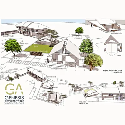 An early-stage conceptual sketch for a farmhouse project. This drawing maps out all the key zones, from the pool and lawn to the entry pavilion, establishing the overall flow and feel of the property.