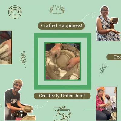This is where creativity is unleashed. The central image shows the moment of creation on the potter's wheel, surrounded by photos of our happy participants and their handcrafted pottery.