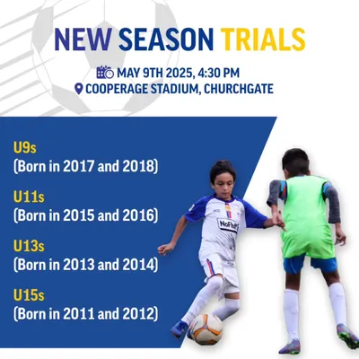 An announcement for our new season trials at the Cooperage Stadium in Churchgate. We are looking for talented players for our U9, U11, U13, and U15 age groups.