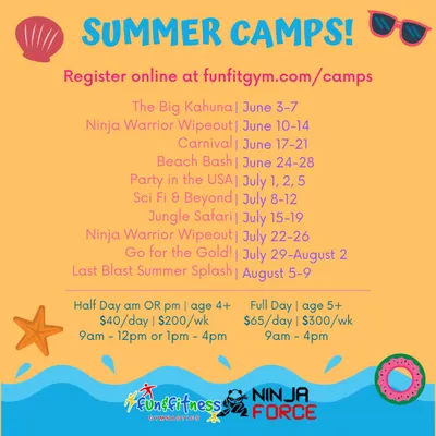 Our summer camp schedule is here! We offer full and half day options with awesome themes like The Big Kahuna, Sci Fi & Beyond, and Go for the Gold. It's the perfect way to keep kids active and entertained all summer long.