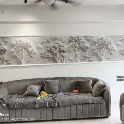 This 3D wallpaper features a bas-relief of a forest landscape, installed in a living room in Mulund. The raised texture creates beautiful shadows and makes the wall a true work of art.