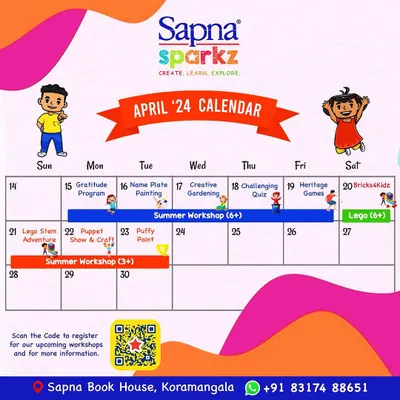 Here is our April 2024 calendar, packed with exciting workshops! From LEGO sessions with Bricks4Kidz to Puffy Paint and Creative Gardening, you can scan the QR code to register for any event.