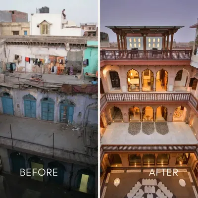 The heart of the haveli, the central courtyard, was transformed from a neglected space into a grand, visually integrated hub. The 'before' shows decay, while the 'after' reveals a meticulously planned space that connects every floor.
