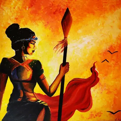 A close-up of my 'wild cat' painting, a piece about inner strength and feminine power. The warm, glowing background contrasts with the determined stance of the warrior figure, creating a dynamic and emotionally charged canvas artwork.