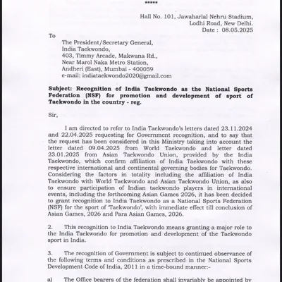 This is a landmark achievement for the entire Taekwondo family in India. The official letter from the Ministry of Youth Affairs & Sports recognizing India Taekwondo as the National Sports Federation, which allows our athletes to represent the country.