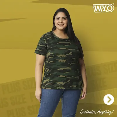 A comfortable and stylish plus-size t-shirt in a classic camouflage print. Available for customization with your own design.