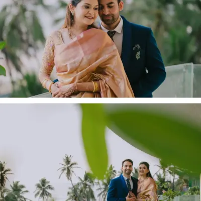 A beautiful series of portraits with a stunning beachside view. The top image shows a tender moment, while the bottom one captures a wider, scenic view, showcasing the versatility of a destination shoot.