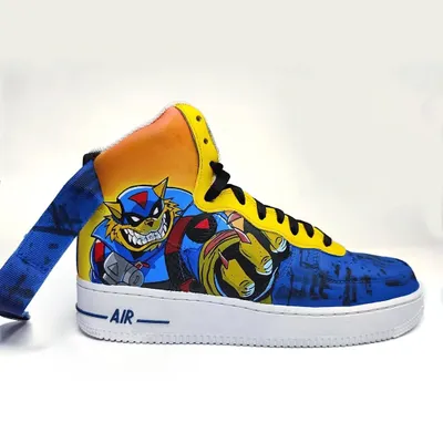 A fully painted pair of Nike Air Force 1s featuring the SWAT Kats. This maximalist design is a throwback to the iconic 90s cartoon, bringing Bade Meow and Chhote Meow to life.