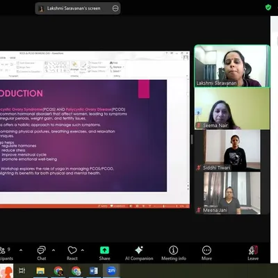 A screenshot from our online workshop on managing PCOS and PCOD. An instructor presents information on how hormonal imbalances affect the body and how yoga can help regulate the system and manage symptoms.