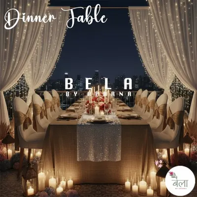 An elegant dinner party setup for an intimate celebration. The long table is styled with a sequined runner and surrounded by hundreds of candles, with soft drapery and fairy lights creating a warm, inviting atmosphere.