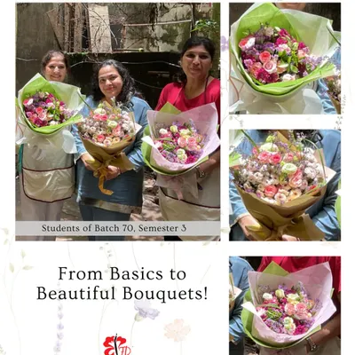 Our students from Batch 70 proudly display the hand-tied bouquets they created in class. This collage showcases the variety of styles and color palettes they learned to work with, each resulting in a beautiful, professional-looking bouquet.