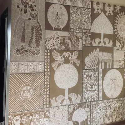 A full view of the Indian folk art mural, showing how the different panels come together to create a rich and detailed tapestry of cultural motifs.