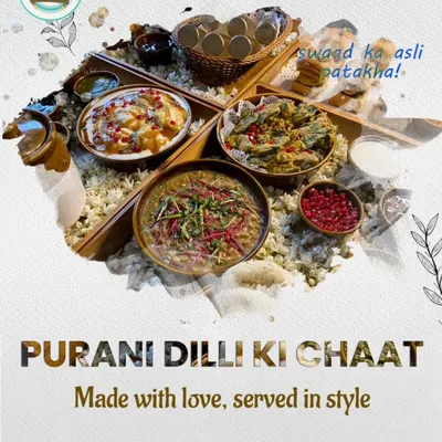 "Purani Dilli Ki Chaat, Made with love, served in style." This platter captures the essence of Delhi's street food culture, featuring a variety of chaat items ready to be enjoyed at your event.