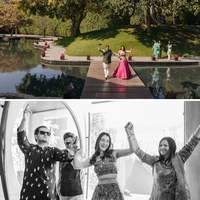 The hype gang in full effect. This collage captures the fun and chaos of a Mehendi party, with friends dancing, laughing, and celebrating together.