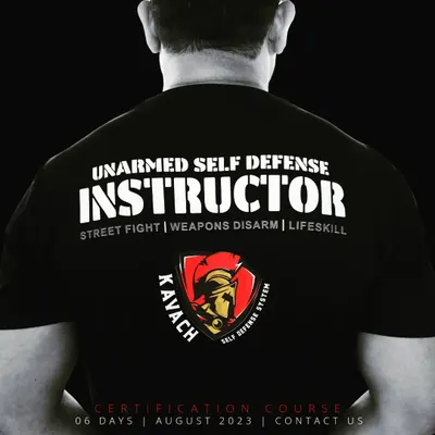 This is what it means to be a Kavach instructor. Our certification course covers unarmed self defense, street fighting, weapons disarm, and essential life skills. This T-shirt represents a commitment to excellence and leadership.