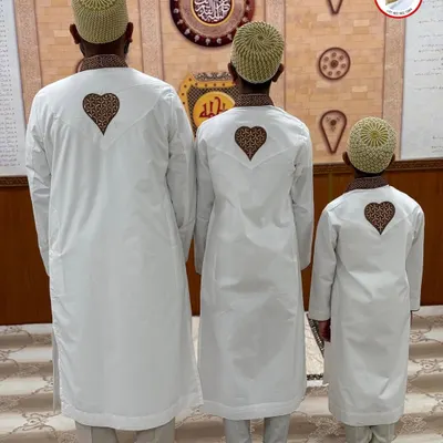 It was heartwarming to craft these three matching saya kurta izar sets for a Misaq ceremony. Each one features a leopard print heart detail on the back, creating a unique and unified look for the father and his two sons on this beautiful occasion.