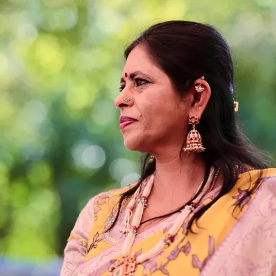 A closer look at my handcrafted pearl and navratna stone necklace. I designed this piece to pair with a special yellow and lavender saree for a wedding.