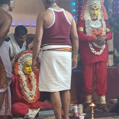 A Bhoota Kola performer in Kundapura, fully adorned and ready for the ritual. Witnessing the transformation of the artist as the 'daiva' or spirit enters them is a profound experience.