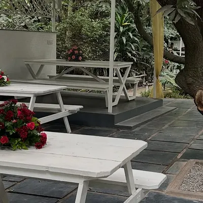 We arranged these clean, white picnic-style tables for a casual outdoor event. Each table is adorned with a simple but elegant red rose centerpiece, providing a comfortable and pleasant dining or networking space.