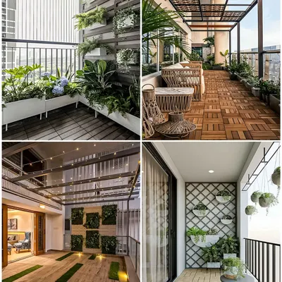 A collage of four different balcony concepts, showing the range of possibilities. From a lush vertical planter system and a breezy terrace cafe to a minimalist yoga space and a cozy nook with hanging plants.
