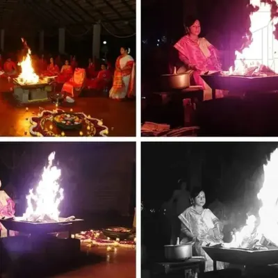 A collage of powerful moments from a Siddha Fire Meditation event. The images show Maa Aditiji tending to the sacred fire, with the flames burning brightly, symbolizing the purification of unwanted energies and the awakening of consciousness.