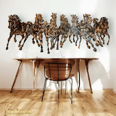 A full view of the 7 Horses metal wall art, a piece that symbolizes strength and momentum. Its intricate, laser-cut design creates a powerful visual impact in this home office.