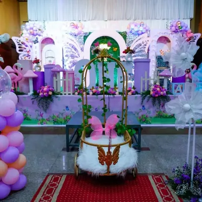 A fairy tale come to life with this butterfly-themed stage. The centerpiece is a beautiful golden cage for the birthday girl, surrounded by pastel balloons and whimsical props.