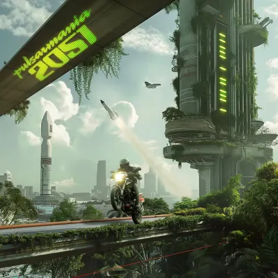 A commercial illustration for Pulsar, showing a futuristic 'Pulsarmania 2051' scene with a rider on an elevated aerobridge in a green, solarpunk city. This shows my ability to create optimistic, high-tech futures for brands.
