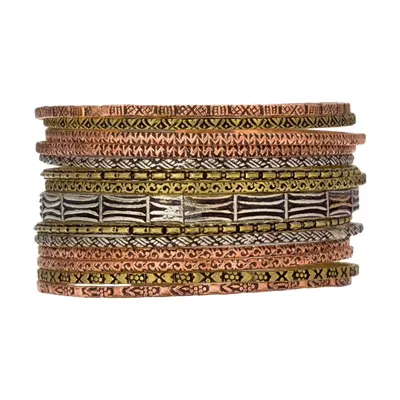 Be bold with a Boho bangle. This hand-hammered bangle stack features copper, brass, and oxidized silver tones for a rustic, vintage vibe.