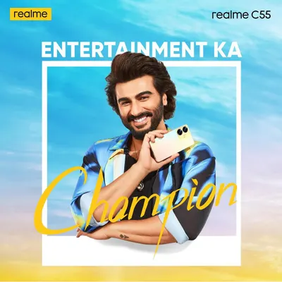 A high-energy campaign photograph featuring actor Arjun Kapoor for the Realme C55 mobile phone. This vibrant shot captures a fun, champion-like persona, designed to appeal to a young, tech-savvy audience.