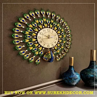 This peacock-shaped metal wall clock is a testament to intricate craftsmanship. The vibrant colors and detailed feather design, accented with small crystals, make it a luxurious and eye-catching addition to any room, backed by a one-year warranty on its movement.