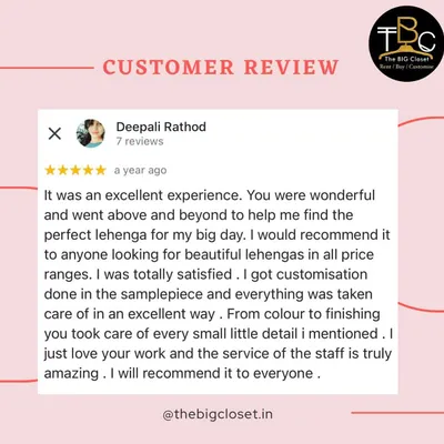 "I just love your work and the service of the staff is truly amazing." A wonderful 5-star Google review from our client Deepali, who found the perfect lehenga for her big day with us.