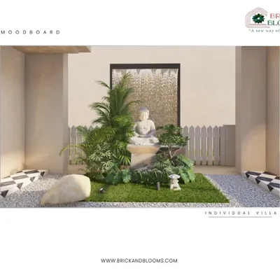 A mood board for a serene corner garden. This design features a central Buddha statue, a small water feature, and a mix of gravel and turf to create a classic Zen-inspired space.