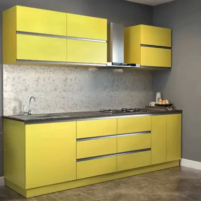 A straight-line kitchen configuration featuring a vibrant lime-yellow laminate finish. This minimalist design uses sleek, handleless drawers and cabinets, paired with a durable granite countertop and a simple steel chimney. It's a great example of how color can elevate a simple and functional layout.