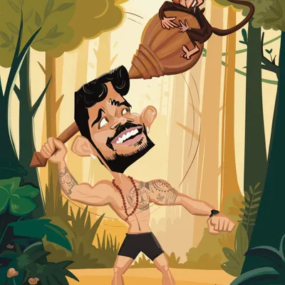 A dynamic solo portrait celebrating a client's dedication to fitness, complete with a mace and a cheeky monkey. I can turn your passion into a powerful and fun character illustration.